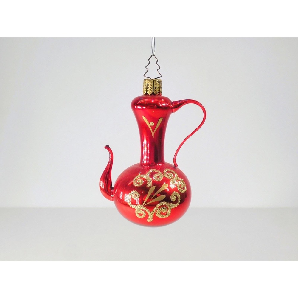 Vintage Germany Blown Glass Teapot Pitcher Christmas Ornament Red Gold Tree Hang